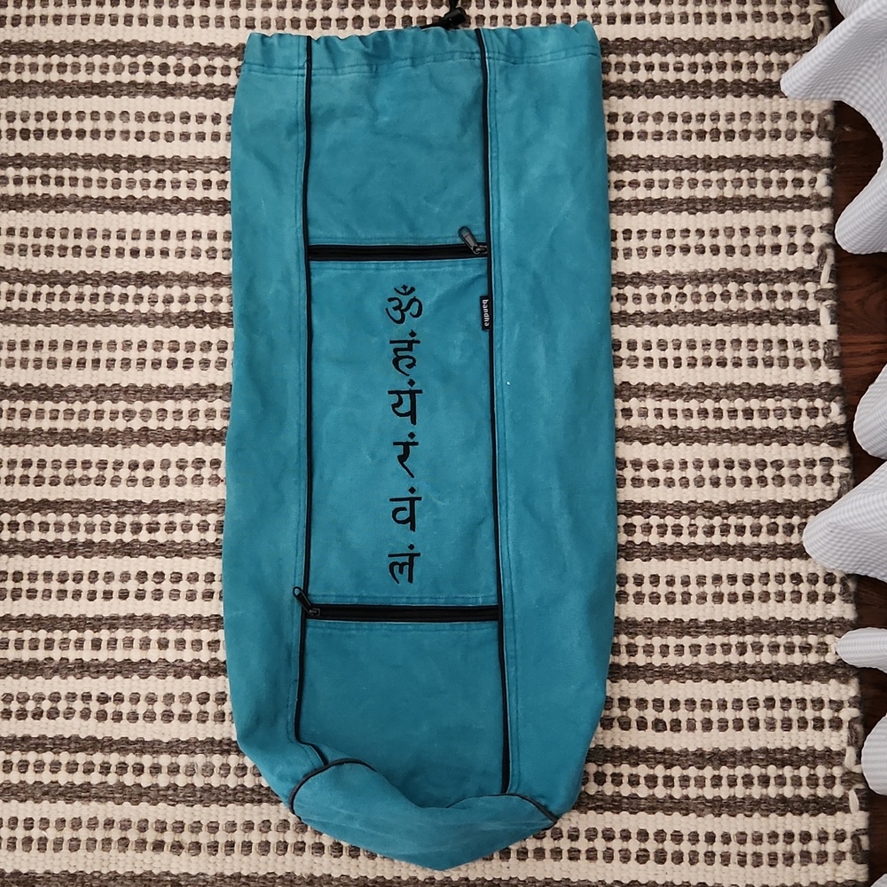 XL Yoga Mat Bag in Turquoise with Sanskrit Embroidery by BANDHA